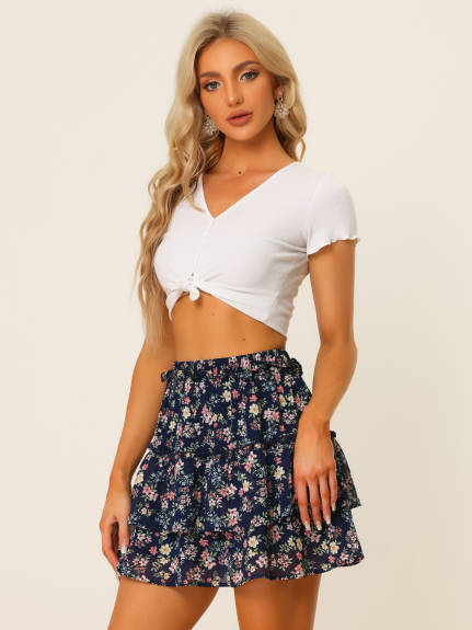 Allegra K- Layered Ruffle Elastic Waist Floral Mini Skirt