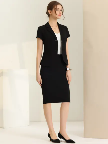 Allegra K- 2 Piece Suit Set Short Sleeve Blazer Jacket Pencil Skirt