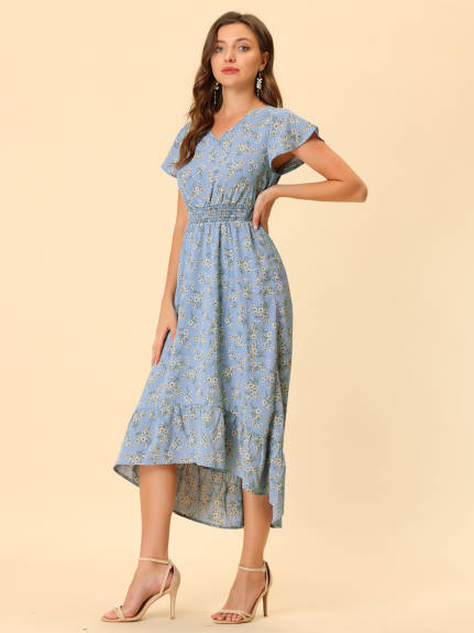 Allegra K- Smocked Floral High Low Maxi Dress