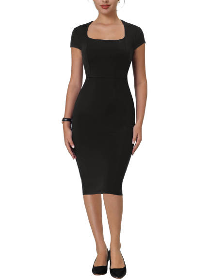 Hobemty- Square Neck Cap Sleeve Pencil Dress