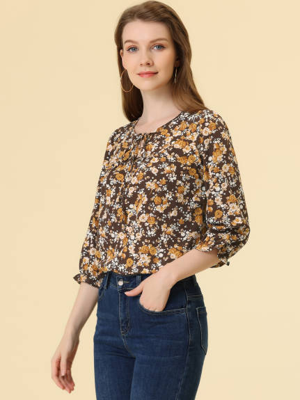 Allegra K- Tie V Neck Ruffled 3/4 Sleeve Floral Blouse