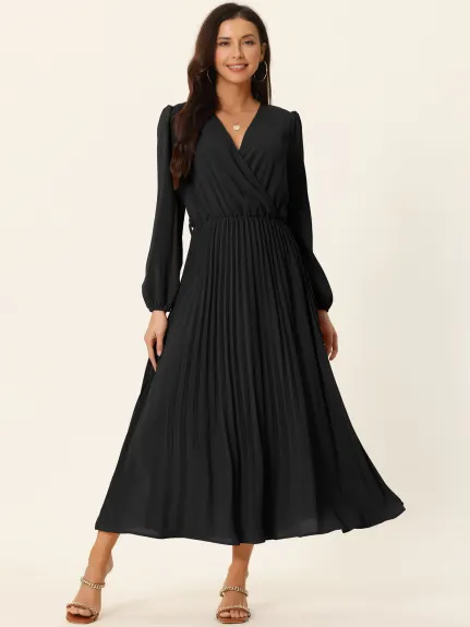 Allegra K- Pleated Puff Long Sleeve V Neck Belt Waist Midi Dress