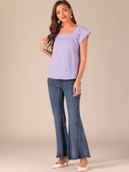 Allegra K- Square Neck Gingham Cap Sleeve Blouse