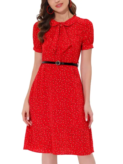 Allegra K- Peter Pan Collar Tie Neck Belted Floral Dress