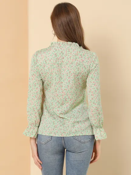 Allegra K- Floral Bow Tie Neck Ruffled Collar Blouse