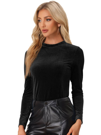 Allegra K- Mock Neck Long Sleeve Ribbed Knit Velvet Blouse