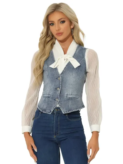 Allegra K - Veste gilet en denim lavé boutonnée à col en V