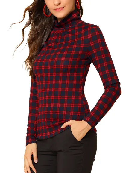 Allegra K col roulé manches longues chemise à carreaux Slim Blouse