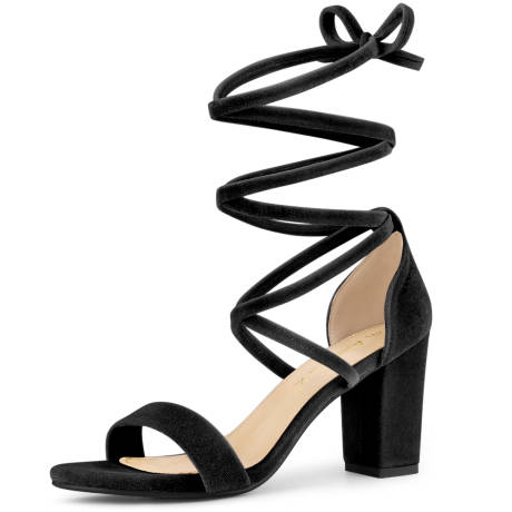 Allegra K- Faux Velvet Lace Up Chunky Heel Sandals