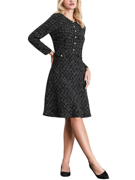 Hobemty - Tweed Long Sleeve A-Line Midi Dress