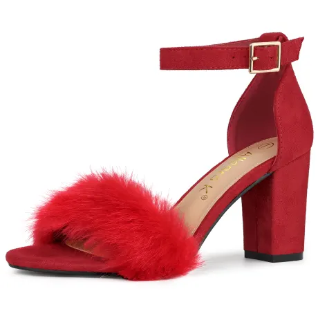 Allegra K- Faux Fur Strap Block Heels Sandals