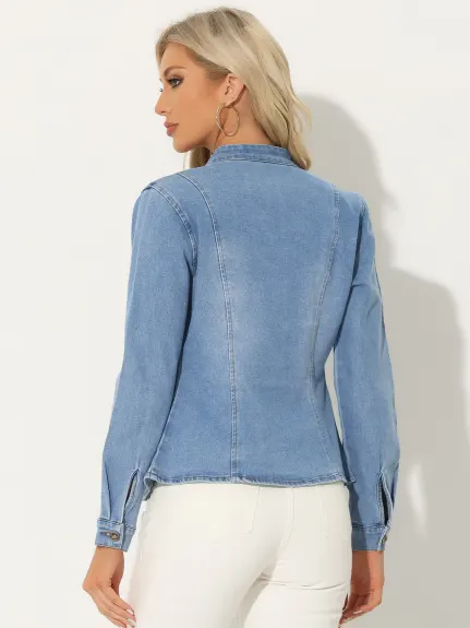 Allegra K- veste Jean Denim col debout pour femme