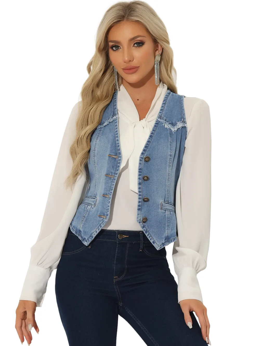 Allegra K- V Neck Washed Distressed Jean Jacket