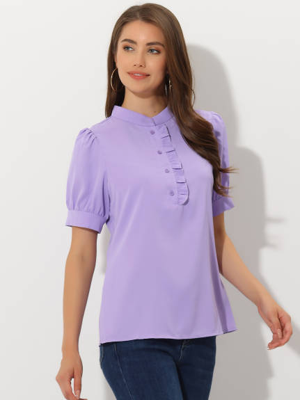 Allegra K - Puff Sleeve Chiffon Half Placket Top