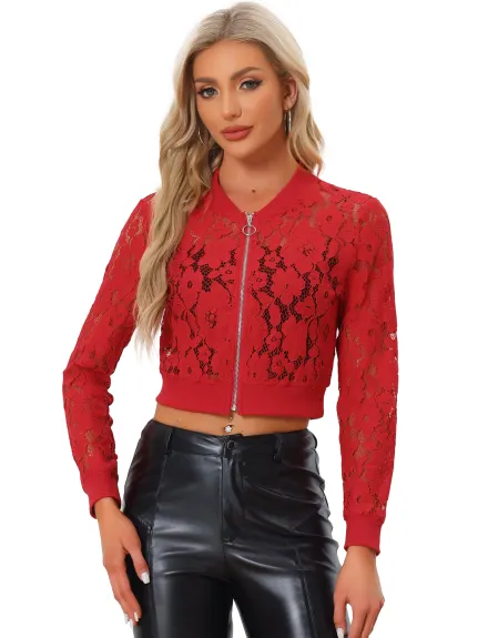 Allegra K- Stand Collar Zip Up Mesh Sheer Lace Bomber Jacket