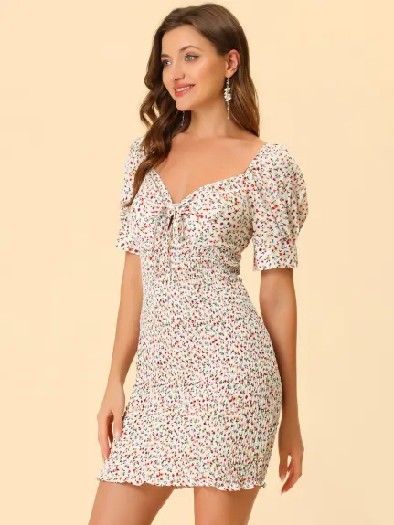 Allegra K- Robe moulante smockée florale à manches bouffantes et col en cœur