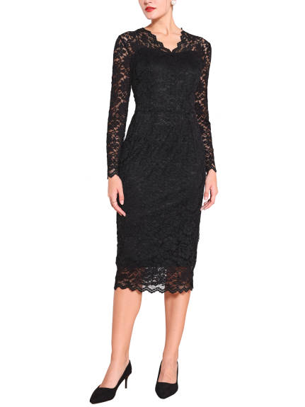 Hobemty - Floral Lace V-Neck Bodycon Dress