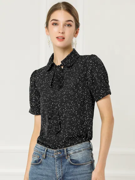 Allegra K- Retro Dots Short Sleeve Pan Collar Chiffon Blouse