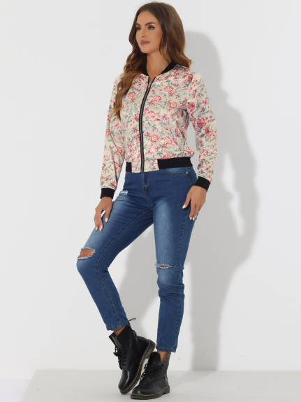 Allegra K- Stand Collar Zip up Print Crop Bomber Jacket