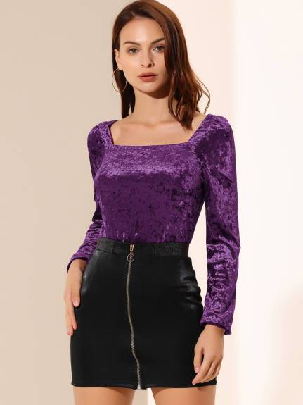 Allegra K- Velvet Long Sleeve Square Neck Blouse Top