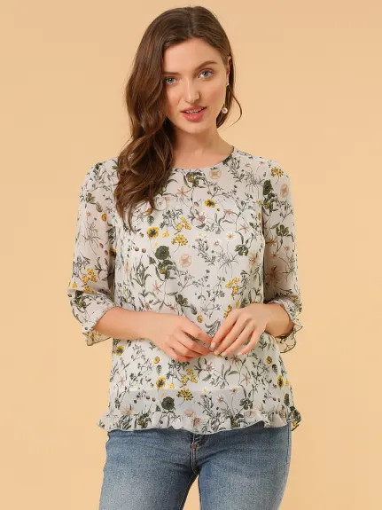 Allegra K- Floral Ruffled 3/4 Sleeve Chiffon Blouse