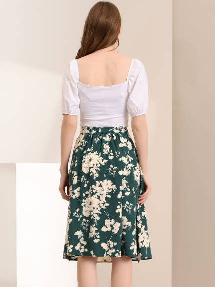 Allegra K- Slit Floral Belted A-Line Midi Skirt