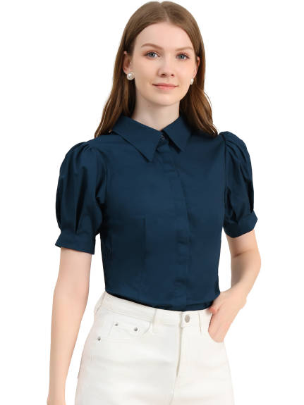 Allegra K- Puff Sleeve Collared Cotton Shirt