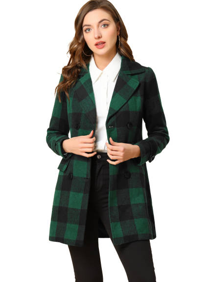 Allegra K- Notched Lapel Double Breasted Plaid Overcoat