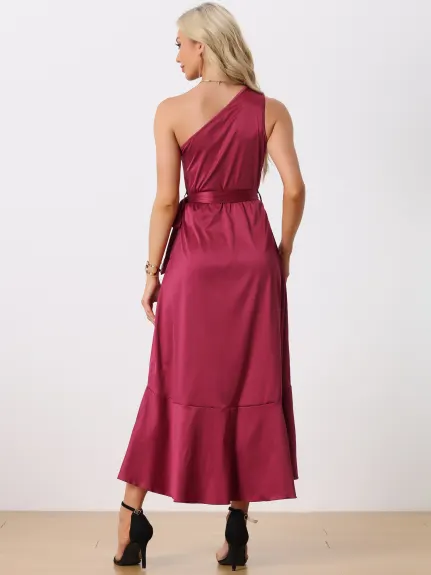 Allegra K- Satin One Shoulder Belted Split Dress