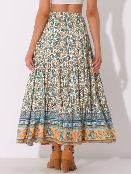 Allegra K- Boho Floral Elastic Waist Maxi Skirt