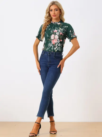 Allegra K- Floral Short Sleeve Ruffle Neck Blouse