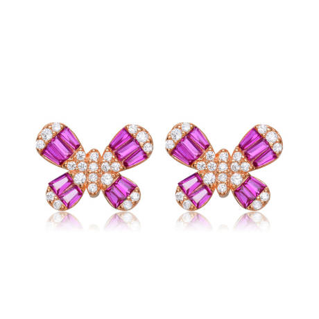 Genevive Sterling Silver with Colored Baguette Cubic Zirconia Butterfly Stud Earrings