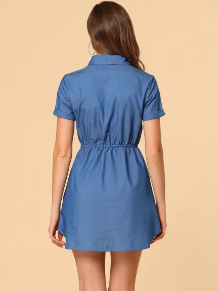 Allegra K- Short Sleeve Tie Waist Button Mini Dress