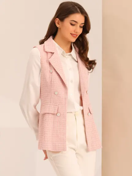 Allegra K- Gilet blazer ouvert à revers en tweed à carreaux