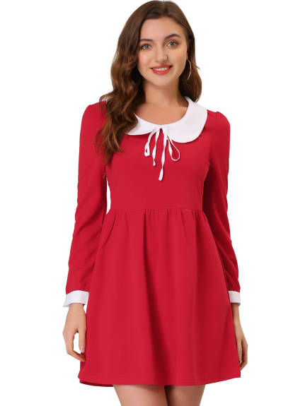 Allegra K- Contrast Collar Tie Front Long Sleeves Dress