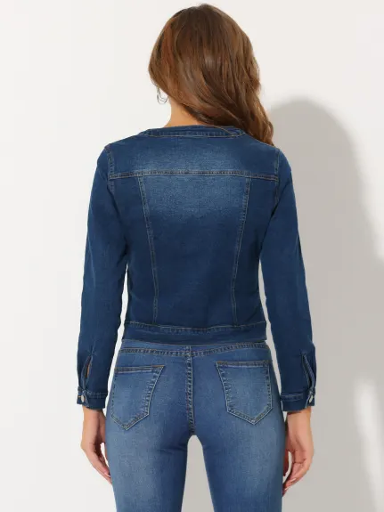 Allegra K - Veste en jean courte sans col boutonnée à manches longues