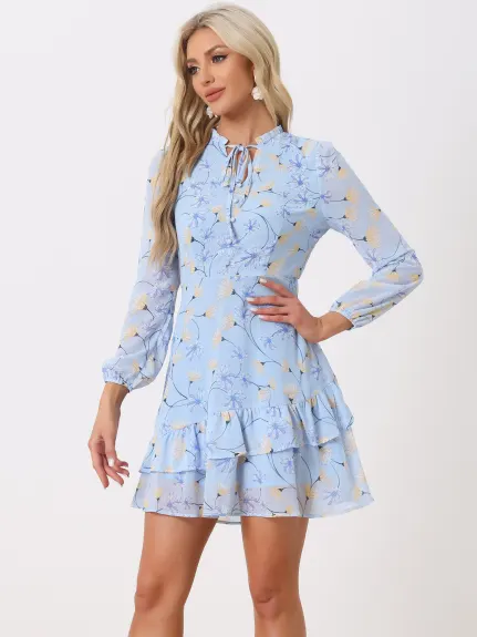 Allegra K- Mini-robe en mousseline à volants et col noué à fleurs