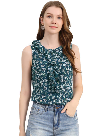 Allegra K- Ruffle Sleeveless Chiffon Floral Top