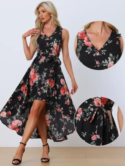 Allegra K - V Neck Floral High Low Maxi Dress