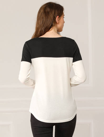 Allegra K- Color Block V Neck Henley Blouse