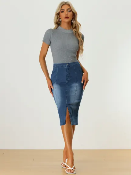 Allegra K- Jupe crayon en denim fendue à taille élastique