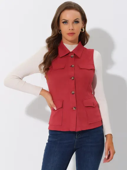 Allegra K- Faux Suede Vest Buttoned Jacket with Cargo Pocket