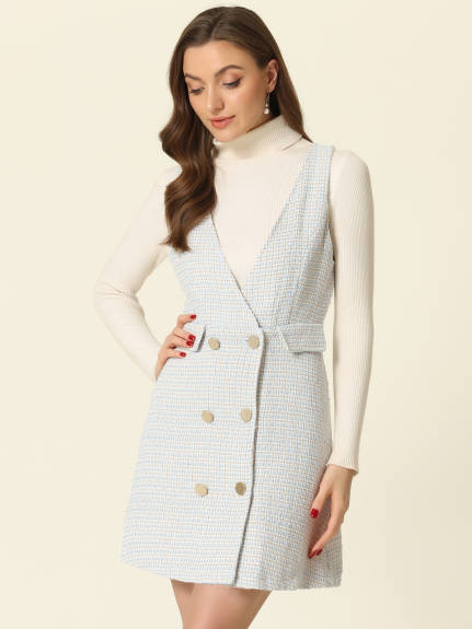 Allegra K - Elegant Button Plaid Tweed Overalls Skirt