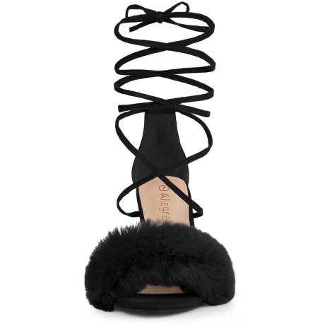 Allegra K- Faux Fur Lace Up Chunky Heels Sandals