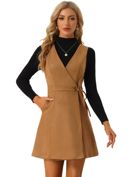 Allegra K- V Neck A-Line Suede Pinafore Dress