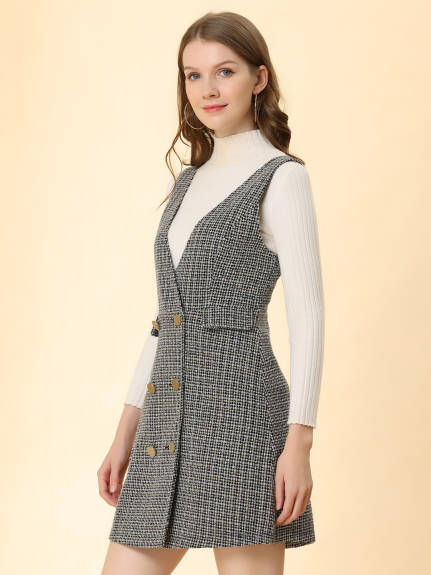 Allegra K - Elegant Button Plaid Tweed Overalls Skirt