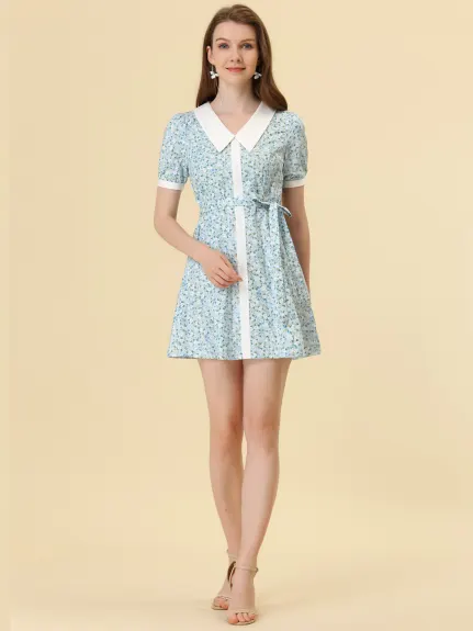 Allegra K- Cotton Collared Floral Print Button Down Belted Waist Dress