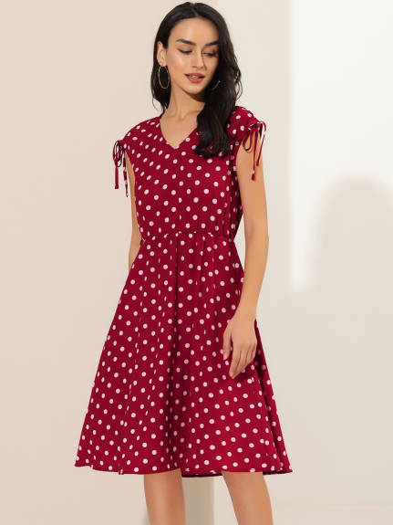 Allegra K- Polka Dots Tie Waist Sleeveless V-Neck Midi Dress