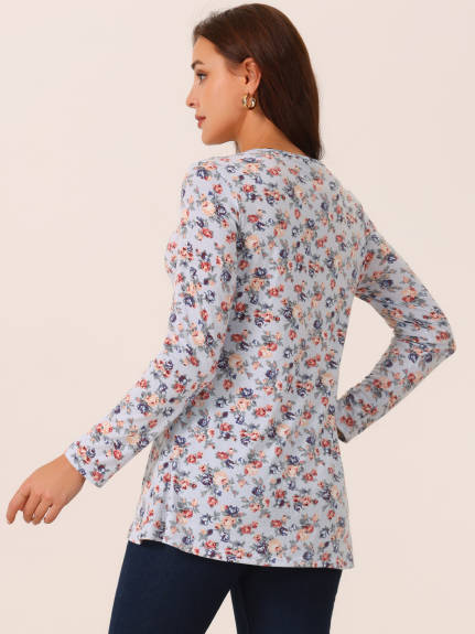 Allegra K - Asymmetrical Hem Floral Casual Top