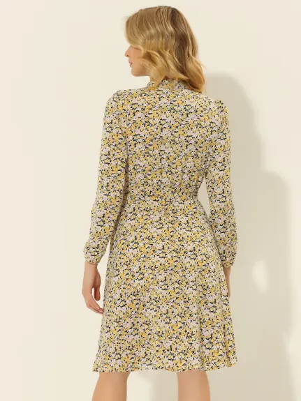 Allegra K- Robe en mousseline ceinturée à imprimé floral et col noué